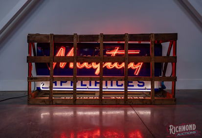 NOS Maytag Appliances Brooke Furniture Co. Factory Double Sided Porcelain Neon Sign w/ Wooden Crate 