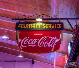 Fantastic Coca-Cola Fountain Service Double Sided Porcelain Sign w/ Bracket & Lights
