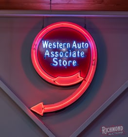 Western Auto Associated Store Single Sided Porcelain Factory Neon Sign w/ Flashing Arrow