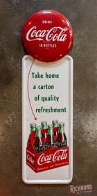 Drink Coca-Cola "Take Home a Carton" Single Sided Tin Pilaster Sign w/ 6 Pack & Button