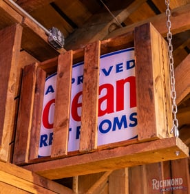 New Old Stock Approved Clean Restrooms Double Sided Porcelain Embossed Sign w/ Wooden Crate