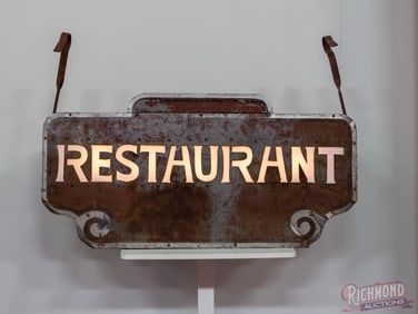 Early Restaurant Art Deco Double Sided Tin Die Cut Milk Glass Lighted Sign