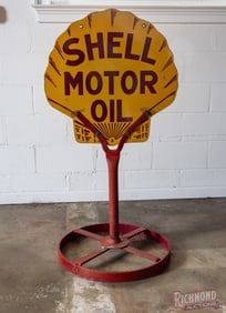 1929 Shell Motor Oil Double Sided Porcelain Curb Sign w/ Base
