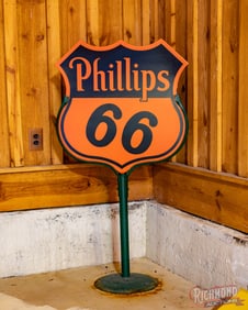 Excellent 1945 Phillips 66 Motor Oils 30" Double Sided Porcelain Curb Sign w/ Base