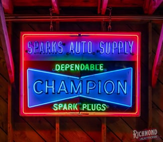 1972 Sparks Auto Supply Champion Dependable Spark Plugs Single Sided Tin Neon Sign 