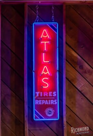Standard Oil Co. Atlas Tires Repairs Single Sided Porcelain Vertical Neon Sign