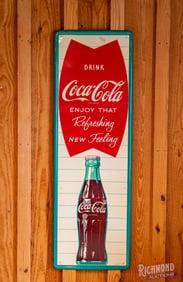 Drink Coca-Cola "Enjoy that Refreshing New Feeling" Vertical Single Sided Tin Sign w/ Fishtail