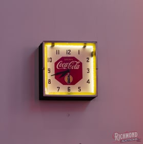 1940s Drink Coca Cola 15" Lackner Neon Clock w/ Bottle & Sun Logo