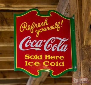 Coca-Cola "Refresh Yourself Sold Here Ice Cold" Die Cut Double Sided Porcelain Flange Sign