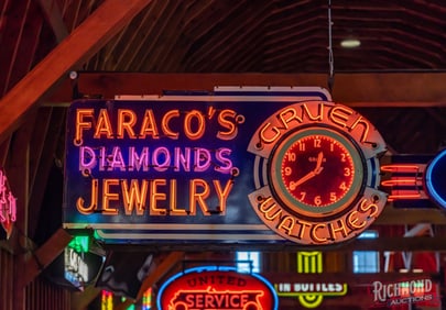 Wonderful Faraco's Diamonds Jewelry Gruen Watches Double Sided Porcelain Factory Neon Sign w/ Clock