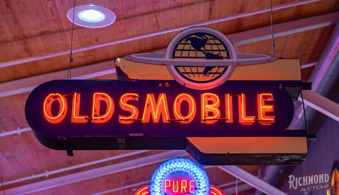 Scarce Oldsmobile 7' Factory Neon Double Sided Porcelain Sign w/ World Logo