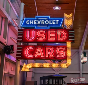 Chevrolet Used Cars Double Sided Porcelain Neon Sign w/ Arrow Chasing Light Bulbs