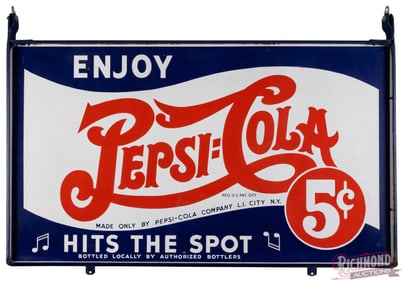 Impressive Enjoy Pepsi:Cola "Hits the Spot" Double Sided Porcelain Sign w/ Frame "Double Dot"