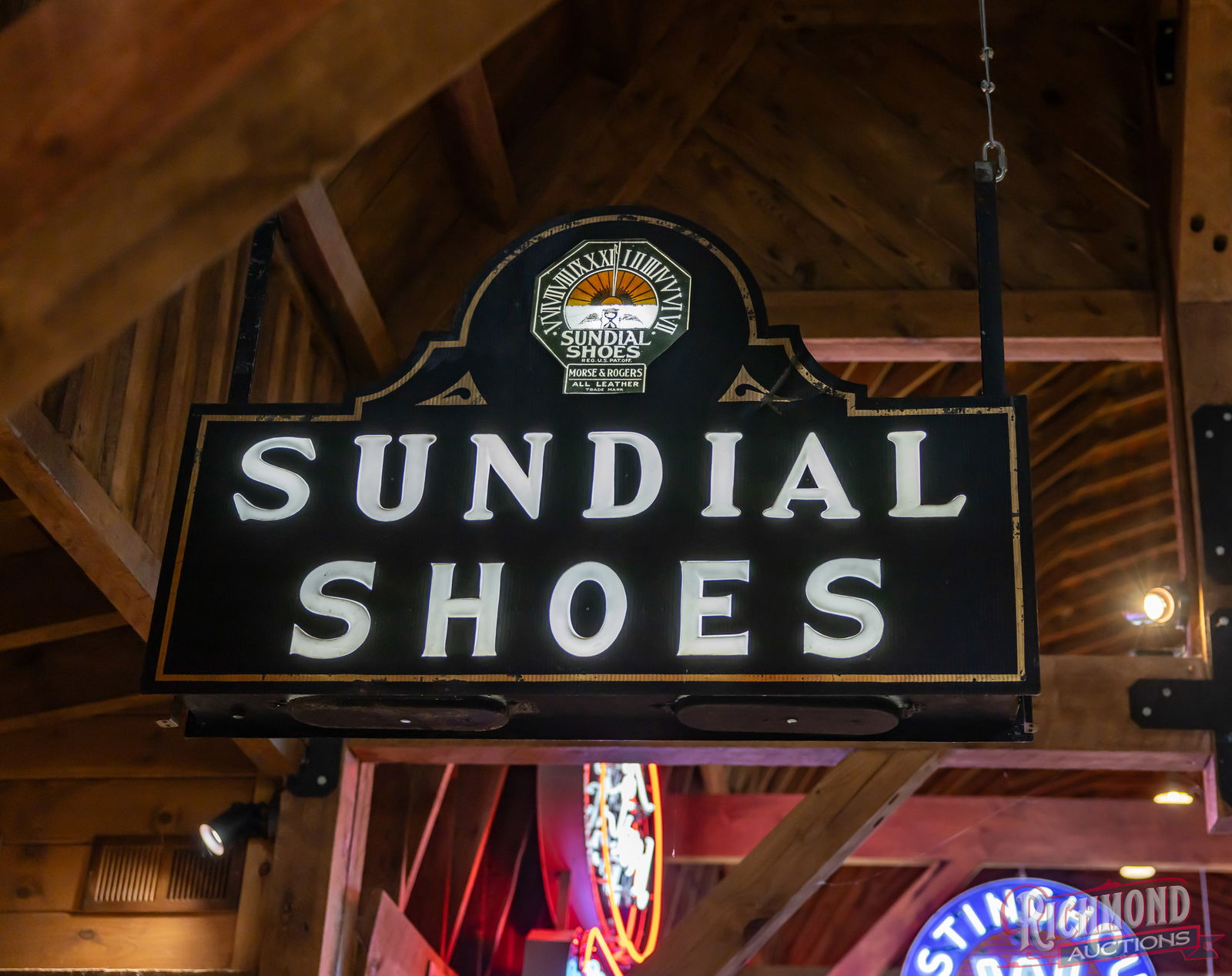 Sundial Shoes Double Sided Tin Flexlume Milk Glass Sign w/ Logo : Incredible DST (double sided tin) Flexlume Sundial Shoes mounted on the original can. Both sides are in amazing condition for their age, showcasing all original paint and Flexlume rippled tin. The emb