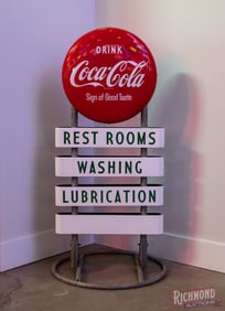 Excellent NOS Drink Coca-Cola Rest Rooms Washing Lubrication Double Sided Porcelain Curb Sign
