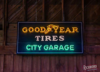 Goodyear Tires City Garage Single Sided Porcelain Factory Neon Sign w/ Milk Glass Letters