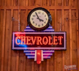 Rare Chevrolet Art Deco Single Sided Porcelain Die Cut 6' Factory Neon Sign w/ Telechron Clock