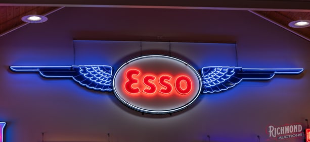 Esso Aviation Gasoline Single Sided Porcelain Airport Hangar Neon Sign w/ Motion