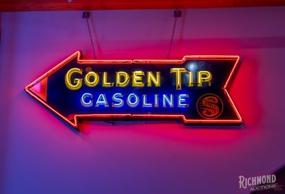 Stoll Golden Tip Gasoline Die Cut 9' Single Sided Porcelain Neon Arrow Sign w/ Logo
