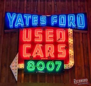 Yates Ford Used Cars 8007 Single Sided Porcelain Neon Sign w/ Arrow And Chasing Light Bulbs