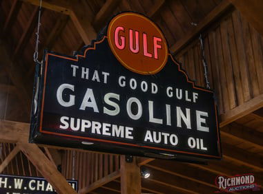 That Good Gulf Gasoline Supreme Auto Oil Double Sided Tin Flexlume Milk Glass Sign