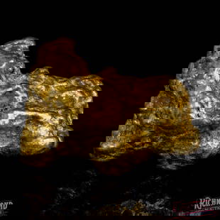 19.84 g Gold Nugget: This 19.84g alluvial gold nugget, shaped by nature into a rectangular-oval form with round, polished curves, is a remarkable find from the gold-rich Golden Triangle. With an impressive 92% purity, its