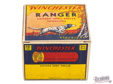 Full Winchester Ranger Pointing Dog w/ WRA Co Address ca 1935-38 Paper Shotgun Shells 28 Ga 1 Pc Box