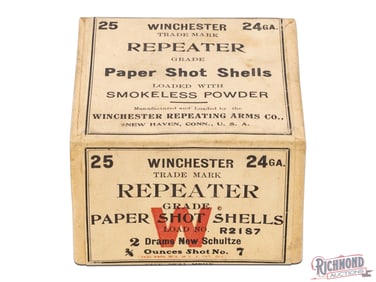 Winchester Repeater Paper Shot Shells Smokeless Powder 24 Ga Label Code 1907 Sealed Two Piece Box