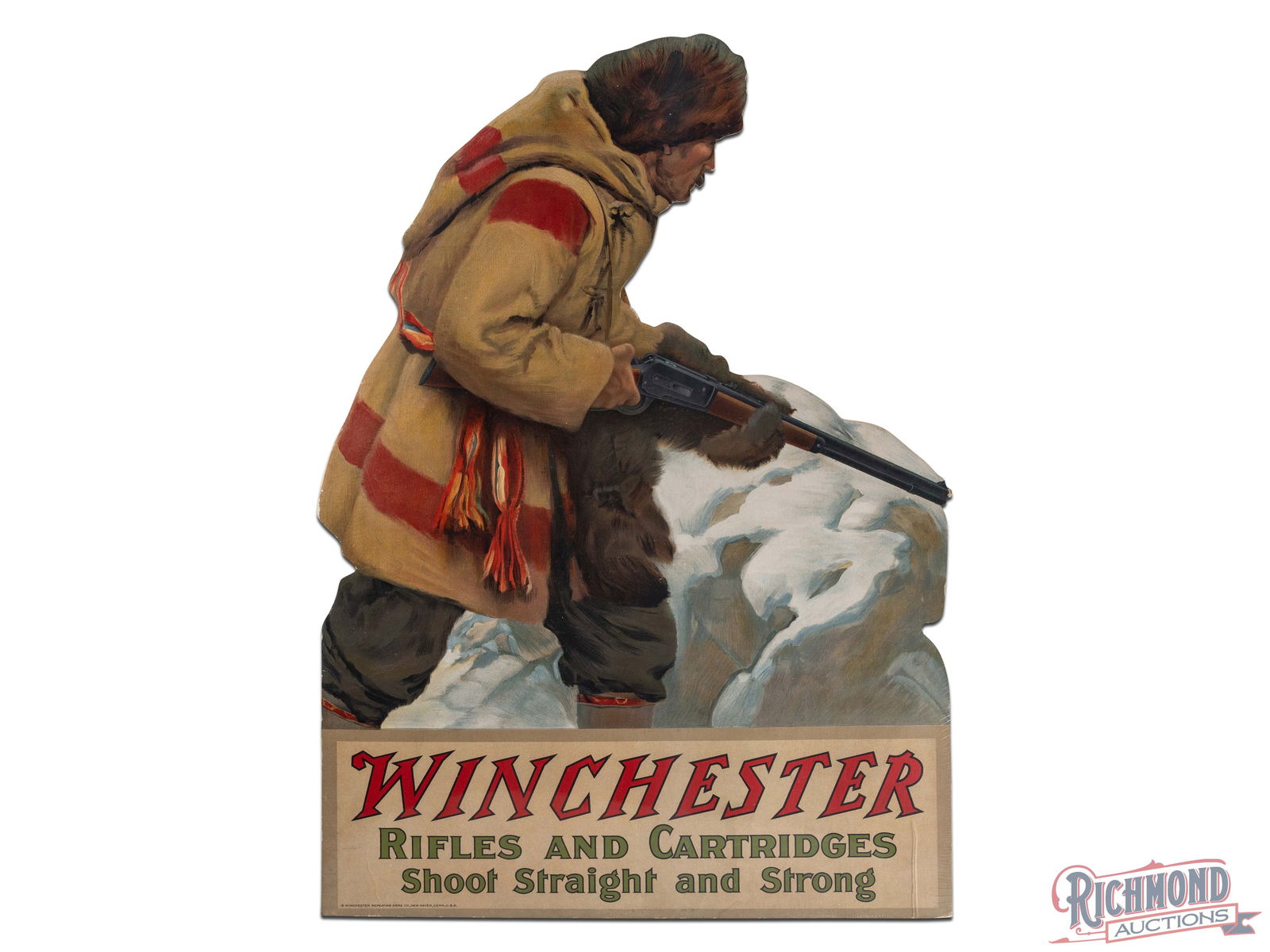 Outstanding 1914 Winchester Rifles and Cartridges Die Cut Cardboard Advertising Sign "Lefthand Side": Die cut 3D cardboard window display sign has excellent color. The field is very clean overall with creasing in the lower left outer field on the hunter's leg. The perimeter has light creases, minor so