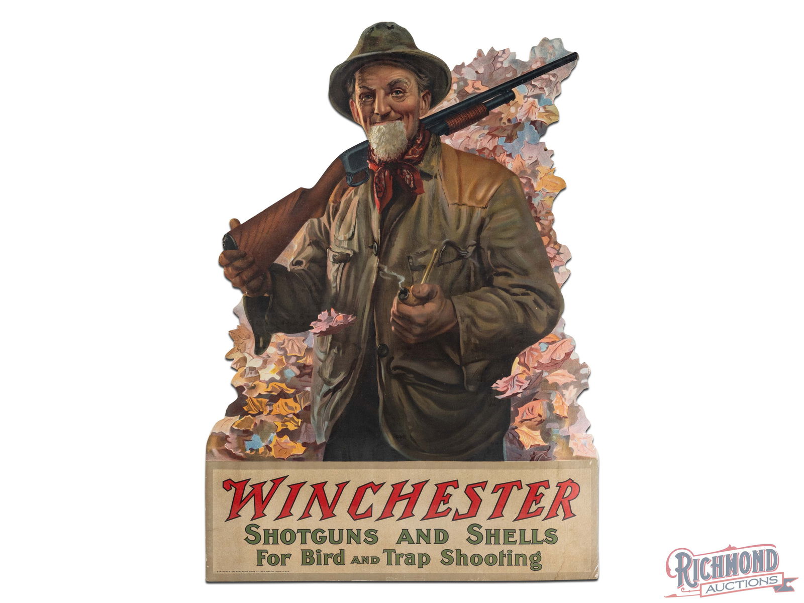 Amazing 1914 Winchester Rifles and Cartridges Die Cut Cardboard Advertising Sign "Righthand Side": Die cut 3D cardboard window display sign has excellent color. The field is clean. The perimeter has light edge wear with discoloration and small bends along the lower left and right corners. Marked Wi