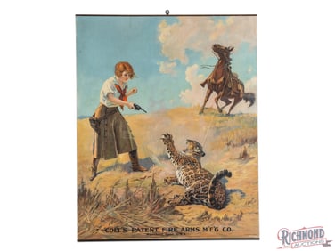 1921 Colt's Patent Fire Arms M'F'G CO. Advertising Lithograph Sign w/ Cowgirl & Jaguar