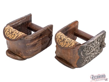 Early Spanish Colonial Silver & Leather Stirrups Masterful Craftsmanship
