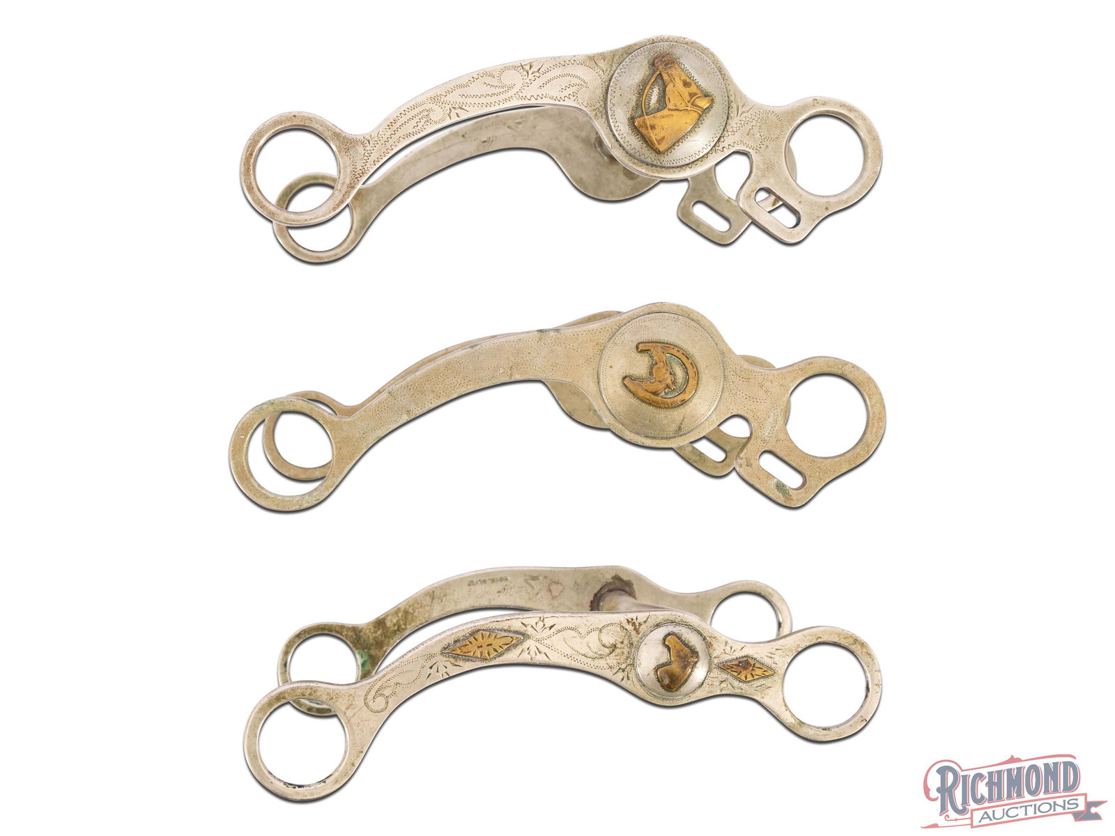 Group of 3 Horse Themed Ricardo Horse Bits: This lot contains 3 very well done Ricardo bits with nice engraving and equine themed conchos. A beautiful grouping. Approximately 5"(mouth), 7-1/2" in length.