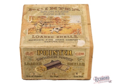 Empty 25 Round Meriden Firearms Company 12 Gauge Two Piece Pointer Shotgun Shell Box