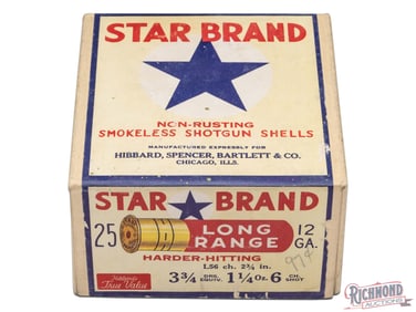 Empty 25 Round Hibbard, Spencer, Bartlett & Co. 12 Gauge Two Piece Star Brand Shotgun Shell Box