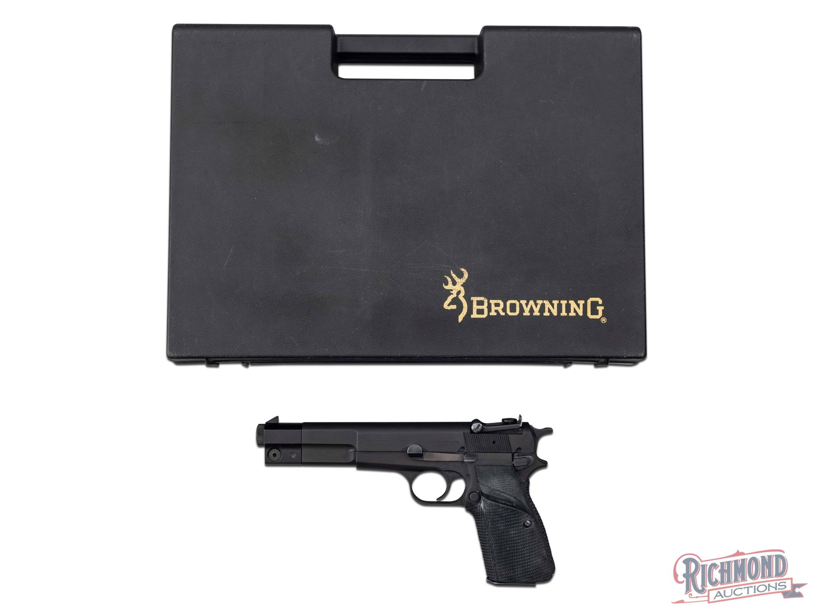 FN Browning Hi-Power GP Competition 9mm Semi-Auto Pistol in Original Case: Manufactured by FN in Belgium for Browning in 1980. This competitive Hi-Power features a 6" barrel with threaded compensator. Includes an additional threaded compensator. Rear adjustable notch sight a