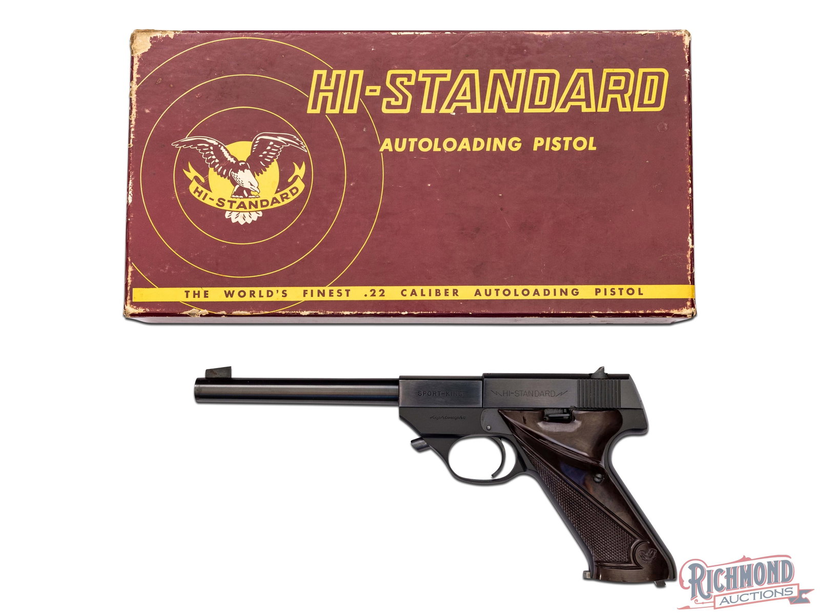 1956 High Standard SK-100 Sport-King Lightweight .22 LR Semi-Auto Pistol in Original Box: Manufactured by High Standard Mfg. Corp in 1956. Features a 6-3/4" blued tapered barrel with wind adjustable notch and blade front sight. Left side is stamped "SPORT-KING / HI-STANDARD" with "Lightwei
