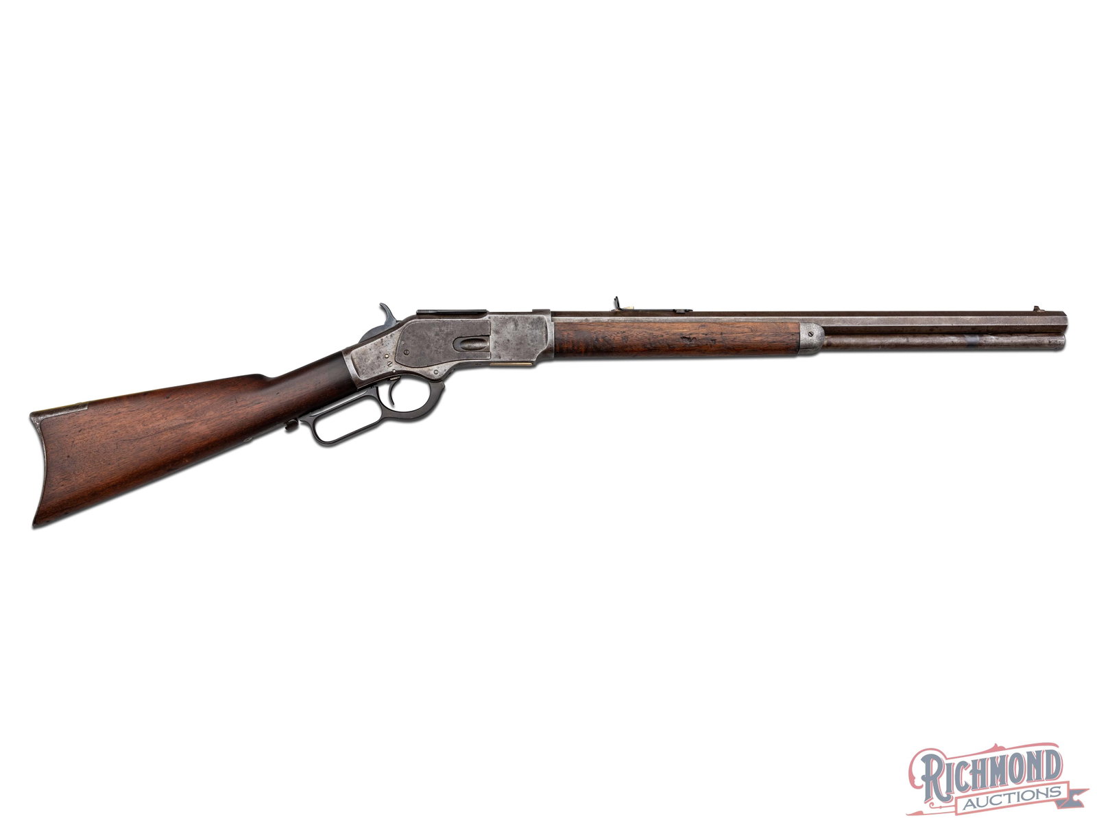 Antique 1880 Winchester 1873 Third Model .44 Cal Lever Action Short Rifle: Manufactured by Winchester in 1880. This third model short rifle features a 20-1/2" octagon barrel with a semi-buckhorn elevation adjustable rear notch and a fixed blade front post. Top barrel flat is