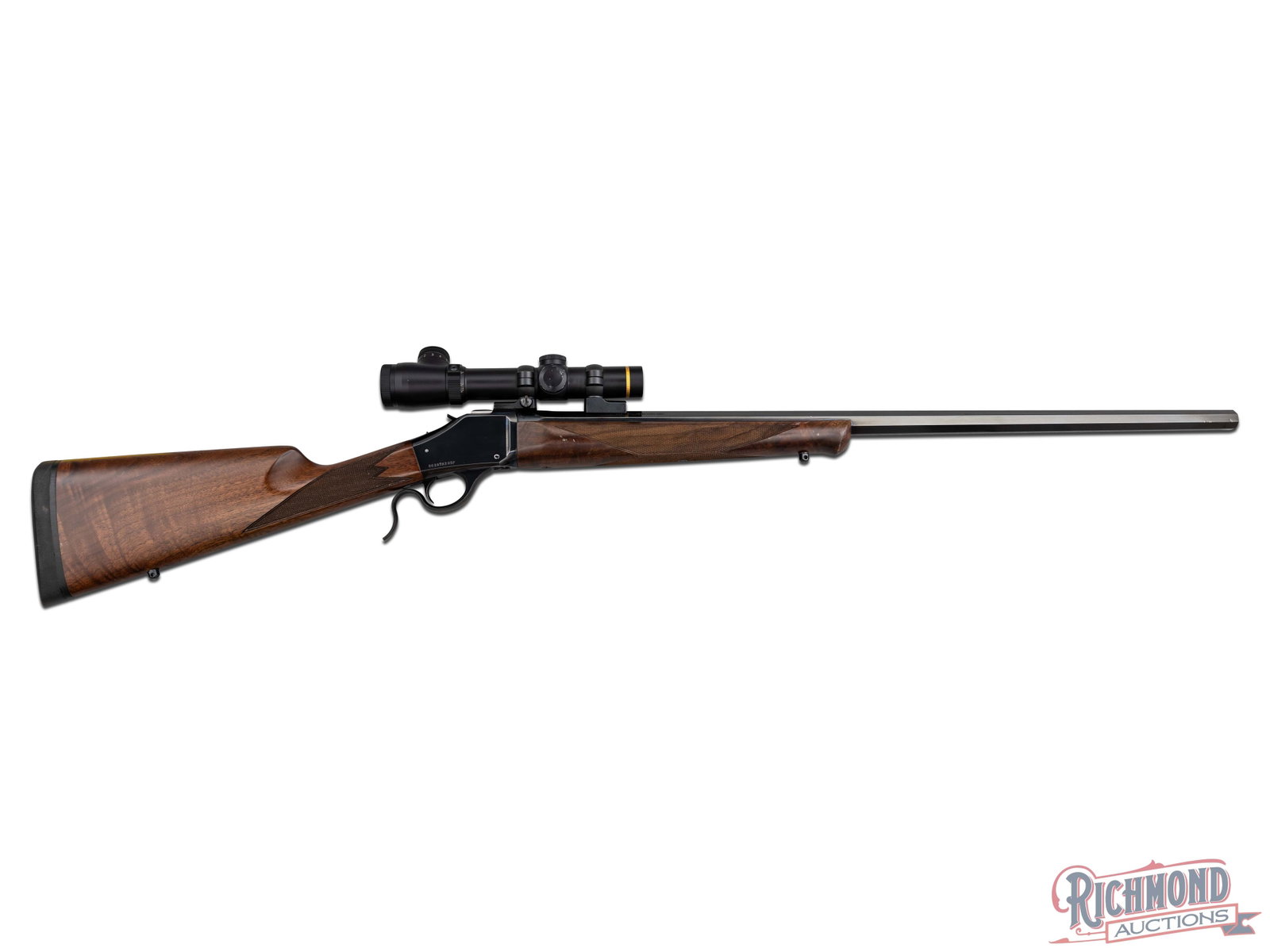 Winchester 1885 Hi-Wall .45-70 GOVT Single Shot Rifle w/ Leupold Scope: Manufactured by Winchester in Japan. This modern day Hi-Wall features a 28" octagon blued, sightless barrel. Equipped with a Leupold VX-III 1.5-5x20mm scope on a Leupold mount. Blued receiver with lev
