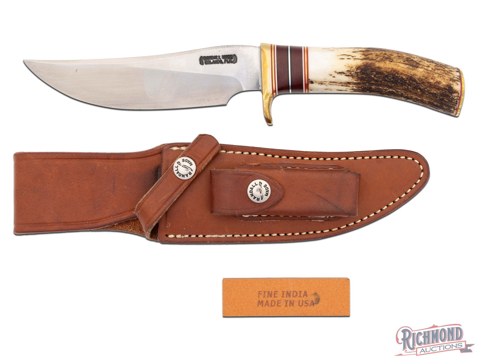 Randall Made Model 27 Trailblazer 5-3/4" Fixed Blade Knife w/ Stag Handle & Sheath: Manufactured by Randall Made in Orlando, FL. This is a 5-3/4" trailing point blade model 27 Trailblazer made from 1/4" stock. Originally designed for to be made an WWII Fighter. Fitted with a single b