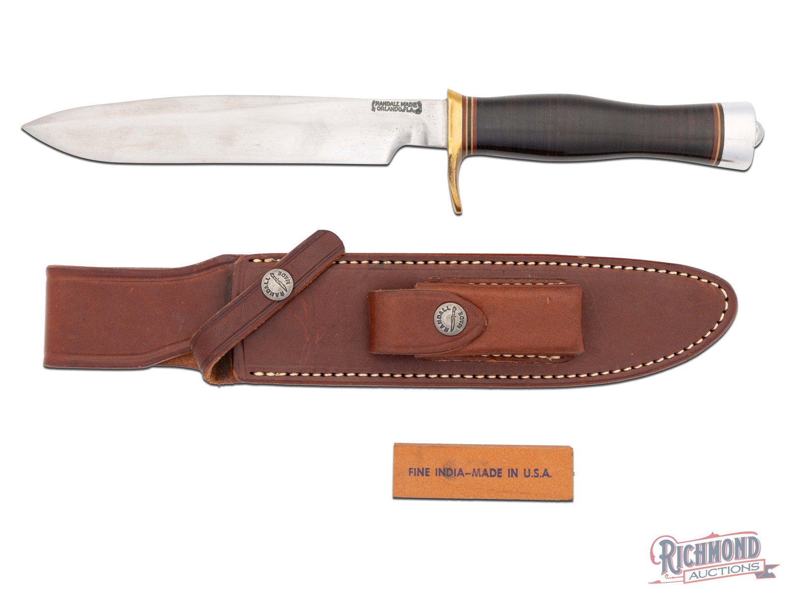 Randall Made Model 5 Camp and Trail 7" Fixed Blade Knife w/ Sheath: Manufactured by Randall Made in Orlando, FL. This is a 7" model 5 Camp and Trail made from 1/4" stock. Very similar to the model 1 but fitted with a single brass hilt. Commando style leather wrapped h