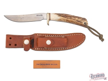 Randall Made Model 7 Fisherman Hunter Fixed Blade Knife w/ Stag Handle & Leather Sheath
