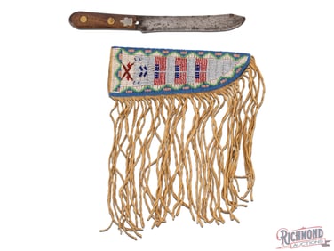 1800's Native American Inlaid Trade Knife with Beaded Patriotic Sheath