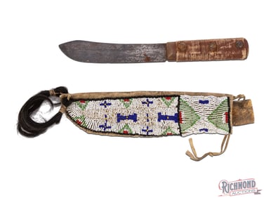 Fixed Blade Trade Knife with Native American Beaded Plains Sheath "Russell Green River Works"