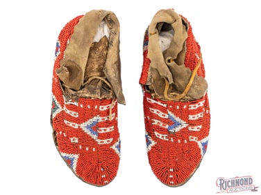 Pair of Native American Red and White Beaded Moccasins 20th Century
