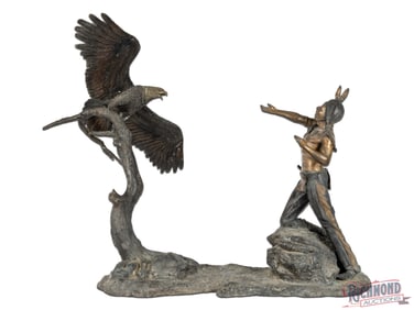 Large Bronze Native American & Detailed Eagle Sculpture Attributed to Charles Henry Humphriss