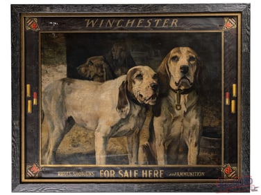 Winchester Rifles Shotguns & Ammunition Lithograph Advertising Sign w/ Bear Dogs Framed