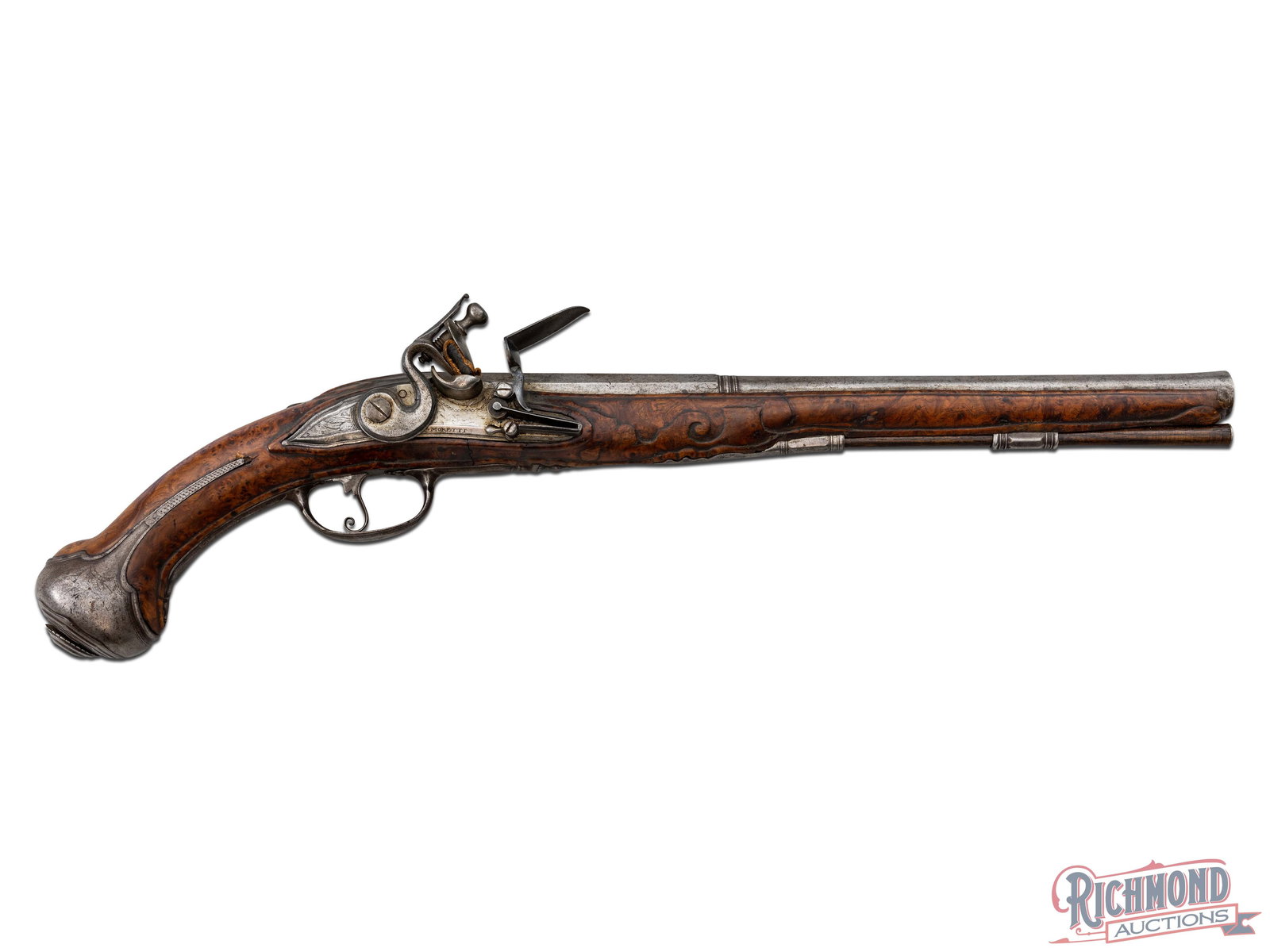 Antique Spanish Horseman Flintlock Pistol by C. Fernandez with Filip Moretti Lock: Antique Spanish 18th century horsemen's pistol by C. Hernandez of unknown location. 14" octagon to round flared smooth bore .60 caliber barrel with maker mark touch marks at breech washed in gold with
