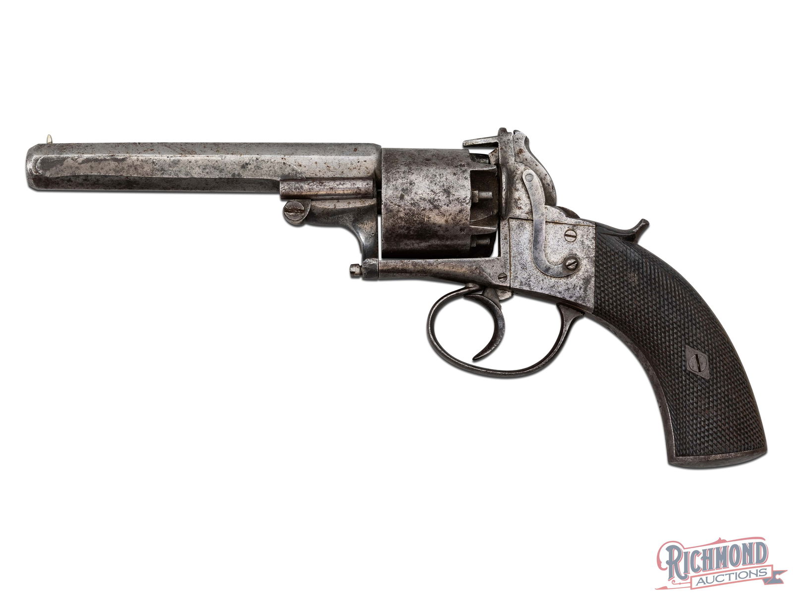 Possible Blockade Run Confederate Used Beaumont-Adams Type Double Action Percussion 44 Cal Revolver: Gun was made in England, circa 1860, and possibly run through the blockade to Charleston, South Carolina with it being very similar to a Beaumont-Adams revolver with gun having no maker marks. Gun has