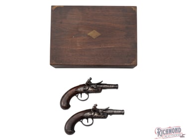 Antique Matched Pair of American Attributed Flintlock Screw Barrel Muff Pistols in 44 Caliber